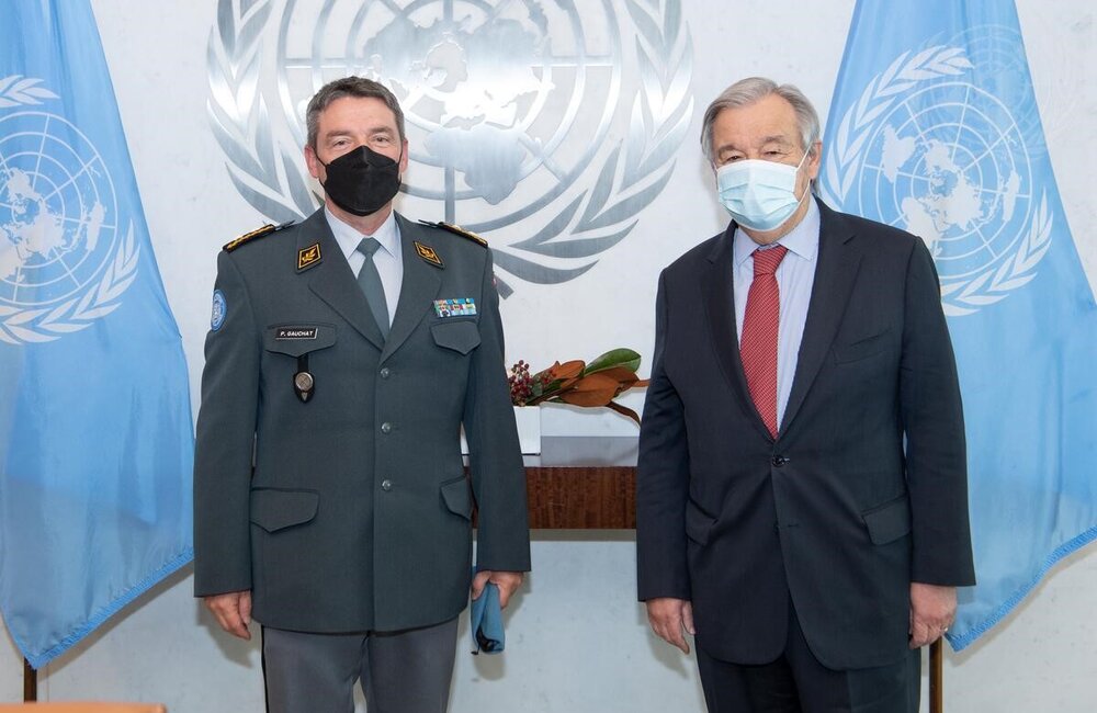 UN Secretary General, Mr. António Guterres welcoming the new UNTSO HoM/CoS, Major General Patrick Gauchat from Switzerland in United Nations Headquarters, New York (Dec 2021).