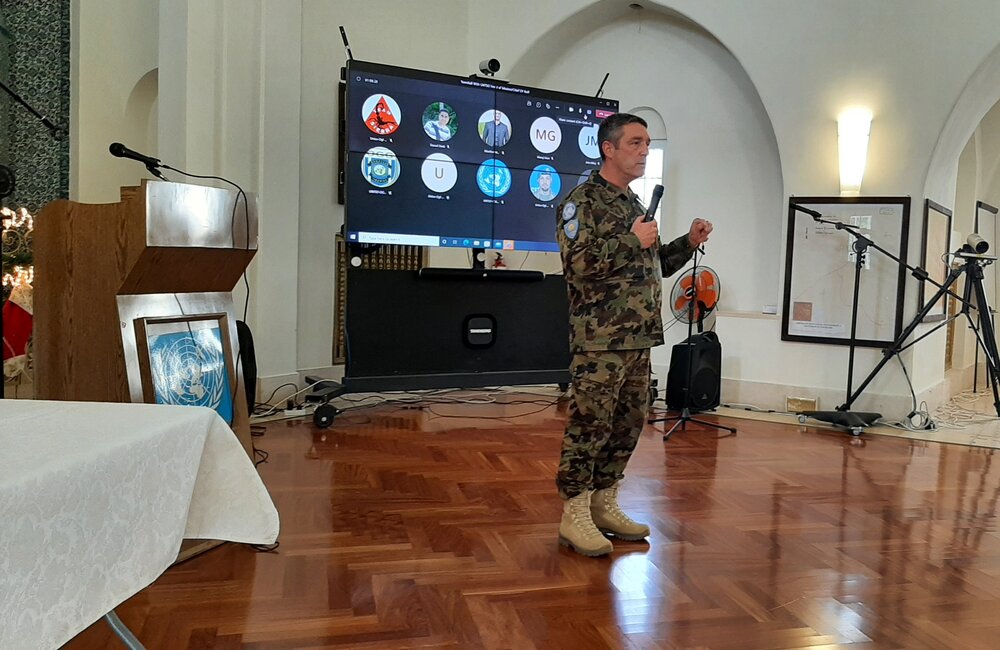 UNTSO HoM/CoS, Major General Patrick Gauchat addressing all UNTSO staff throughout the mission area in his first town hall in UNTSO HQ, Jerusalem (Dec 2021).